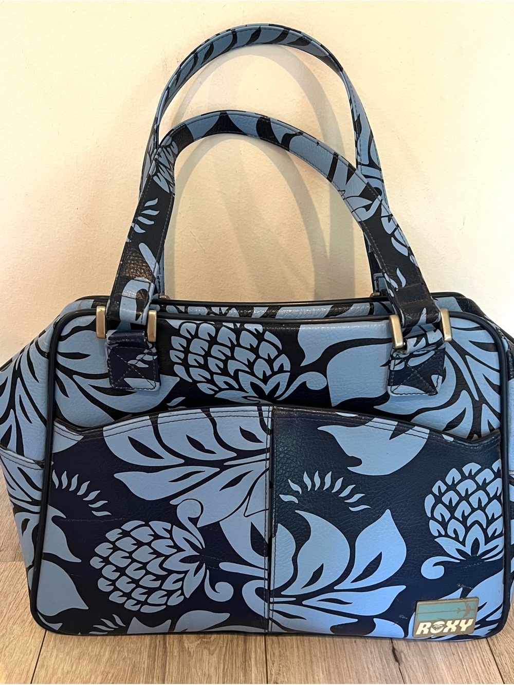 Vintage ROXY Navy and Light Blue Floral Y2K Luggage Tote